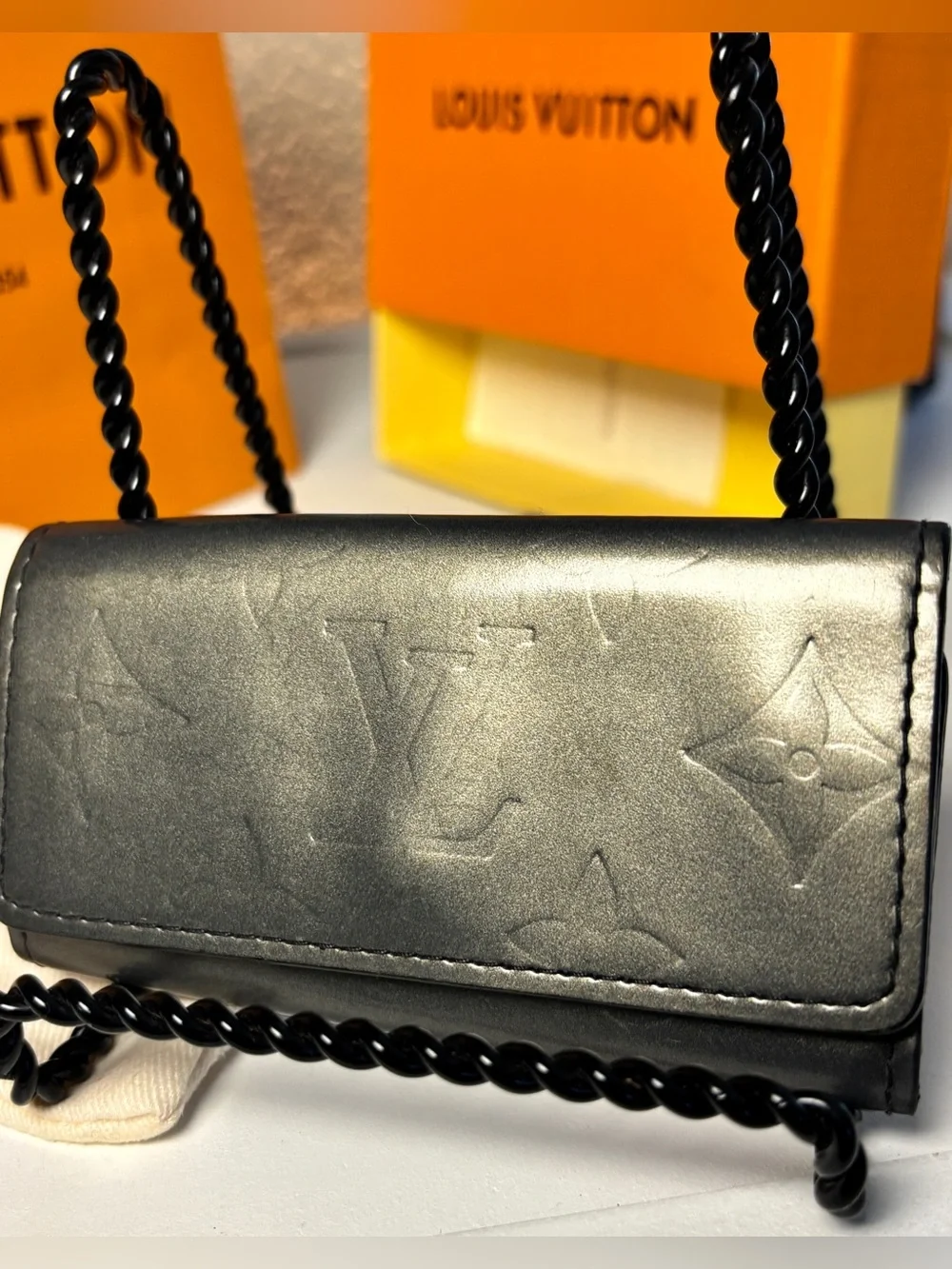 Louis Vuitton Charcoal Metallic Leather Key Holder w/LV Dust Bag| Box| Gift COA